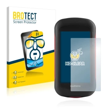 Front side of a product packaging with the brand logo BROTECT. Next to it is the device Garmin Montana 680 shown with the corr