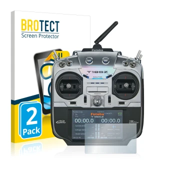 Front side of a product packaging with the brand logo BROTECT. Next to it is the device Robbe Futaba T18SZ shown with the corr