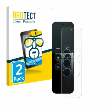 Front side of a product packaging with the brand logo BROTECT. Next to it is the device Apple Remote Control Apple TV 4 shown 