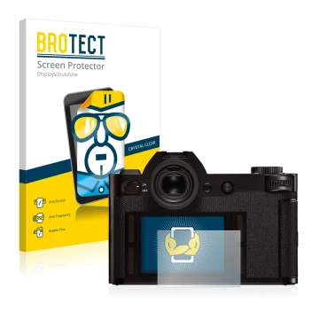 Front side of a product packaging with the brand logo BROTECT. Next to it is the device Leica SL (Typ 601) shown with the corr