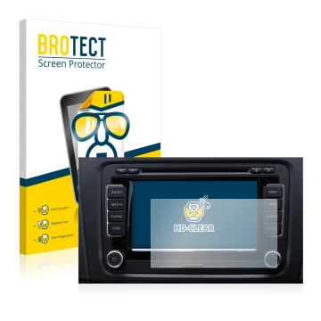 Front side of a product packaging with the brand logo BROTECT. Next to it is the device Volkswagen Touareg 2009 RNS 510 6.5