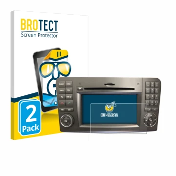 Front side of a product packaging with the brand logo BROTECT. Next to it is the device Mercedes-Benz Comand APS 2.5 shown wit