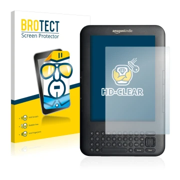 Front side of a product packaging with the brand logo BROTECT. Next to it is the device Amazon Kindle 3 shown with the corresp