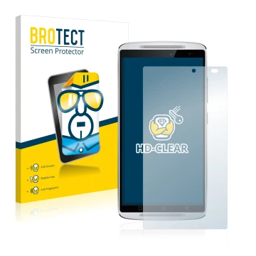 Front side of a product packaging with the brand logo BROTECT. Next to it is the device Lenovo Vibe X3 (camera right only) sho