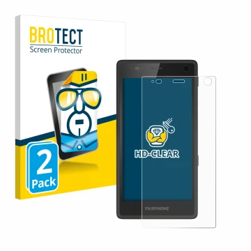 Front side of a product packaging with the brand logo BROTECT. Next to it is the device Fairphone 2 shown with the correspondi