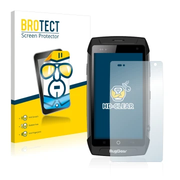 Front side of a product packaging with the brand logo BROTECT. Next to it is the device RugGear RG730 shown with the correspon