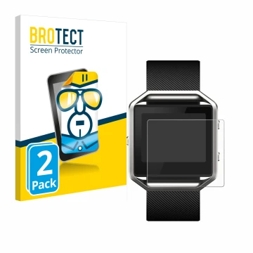 Front side of a product packaging with the brand logo BROTECT. Next to it is the device Fitbit Blaze shown with the correspond