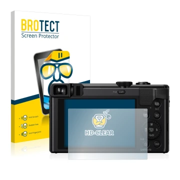 Front side of a product packaging with the brand logo BROTECT. Next to it is the device Panasonic Lumix DMC-TZ81 shown with th