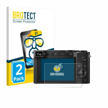 Front side of a product packaging with the brand logo BROTECT. Next to it is the device Panasonic Lumix DMC-TZ101 shown with t