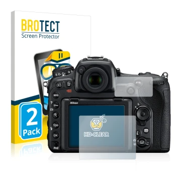 Front side of a product packaging with the brand logo BROTECT. Next to it is the device Nikon D500 shown with the correspondin