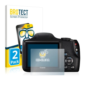 Front side of a product packaging with the brand logo BROTECT. Next to it is the device Canon PowerShot SX540 HS shown with th