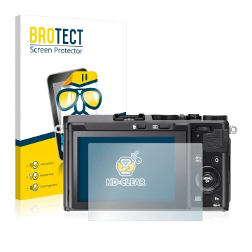 Front side of a product packaging with the brand logo BROTECT. Next to it is the device Fujifilm FinePix X70 shown with the co