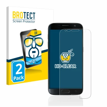 Front side of a product packaging with the brand logo BROTECT. Next to it is the device Samsung Galaxy S7 shown with the corre