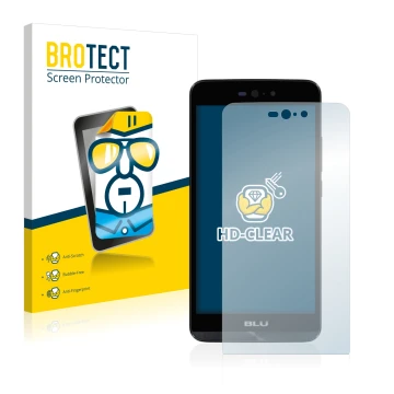 Front side of a product packaging with the brand logo BROTECT. Next to it is the device BLU Dash X LTE shown with the correspo