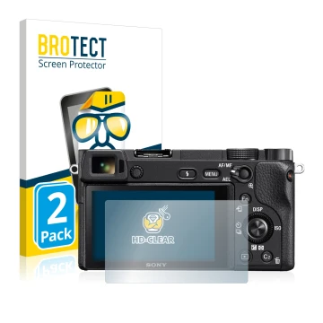 Front side of a product packaging with the brand logo BROTECT. Next to it is the device Sony Alpha 6300 shown with the corresp