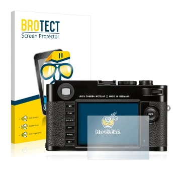 Front side of a product packaging with the brand logo BROTECT. Next to it is the device Leica M (Typ 262) shown with the corre
