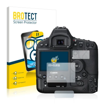 Front side of a product packaging with the brand logo BROTECT. Next to it is the device Canon EOS 1D X Mark II shown with the 
