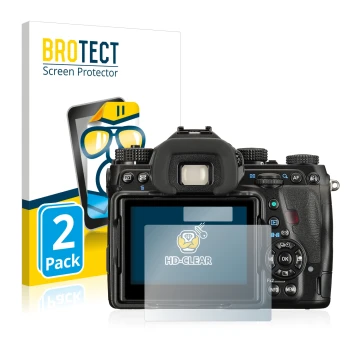 Front side of a product packaging with the brand logo BROTECT. Next to it is the device Pentax K-1 shown with the correspondin