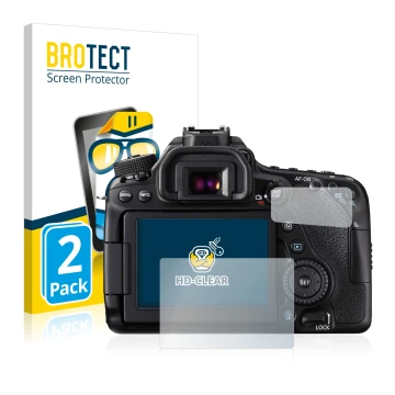 Front side of a product packaging with the brand logo BROTECT. Next to it is the device Canon EOS 80D shown with the correspon