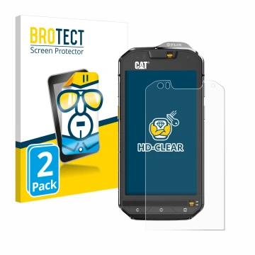 Front side of a product packaging with the brand logo BROTECT. Next to it is the device Caterpillar Cat S60 shown with the cor
