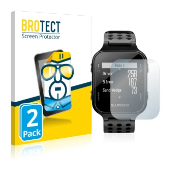 Front side of a product packaging with the brand logo BROTECT. Next to it is the device Garmin Approach S20 shown with the cor