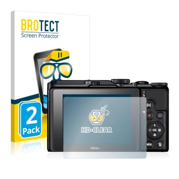 Front side of a product packaging with the brand logo BROTECT. Next to it is the device Nikon Coolpix A900 shown with the corr