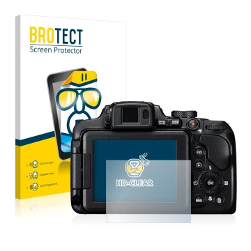 Front side of a product packaging with the brand logo BROTECT. Next to it is the device Nikon Coolpix B700 shown with the corr