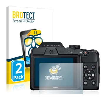 Front side of a product packaging with the brand logo BROTECT. Next to it is the device Nikon Coolpix B500 shown with the corr