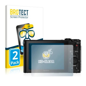 Front side of a product packaging with the brand logo BROTECT. Next to it is the device Sony Cyber-Shot DSC-HX80 shown with th