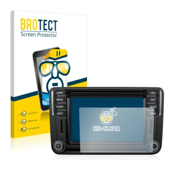 Front side of a product packaging with the brand logo BROTECT. Next to it is the device Volkswagen T6 2016 Discover Media Plus