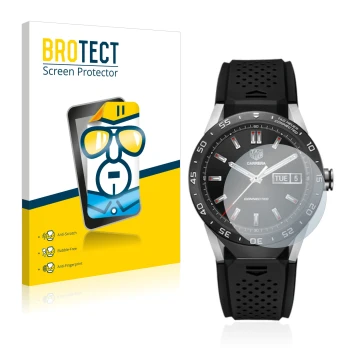 Front side of a product packaging with the brand logo BROTECT. Next to it is the device TAG Heuer Connected 46 shown with the 