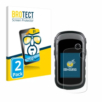 Front side of a product packaging with the brand logo BROTECT. Next to it is the device Garmin eTrex 30x shown with the corres