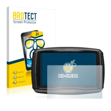 Front side of a product packaging with the brand logo BROTECT. Next to it is the device Garmin zumo 595LM shown with the corre