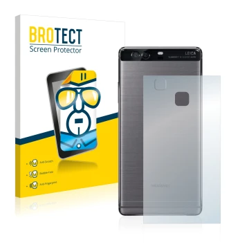 Front side of a product packaging with the brand logo BROTECT. Next to it is the device Huawei P9 Plus (Back) shown with the c