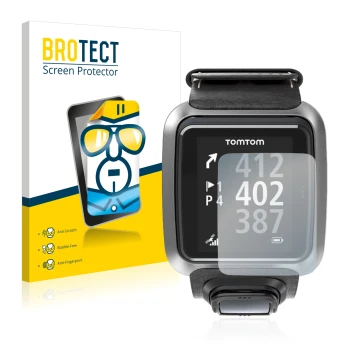 Front side of a product packaging with the brand logo BROTECT. Next to it is the device TomTom Golfer 2 shown with the corresp