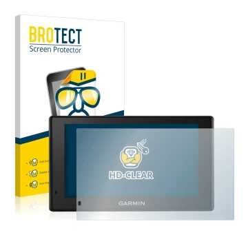 Front side of a product packaging with the brand logo BROTECT. Next to it is the device Garmin DriveSmart 50 LMT-D shown with 