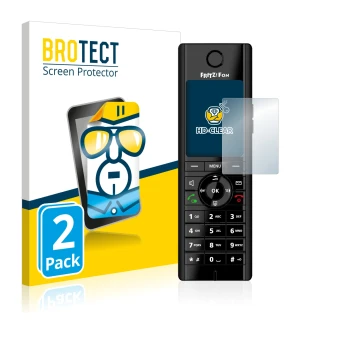 Front side of a product packaging with the brand logo BROTECT. Next to it is the device AVM Fritz!Fon C5 shown with the corres