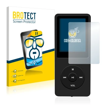 Front side of a product packaging with the brand logo BROTECT. Next to it is the device AGPtek 8GB MP3-Player shown with the c