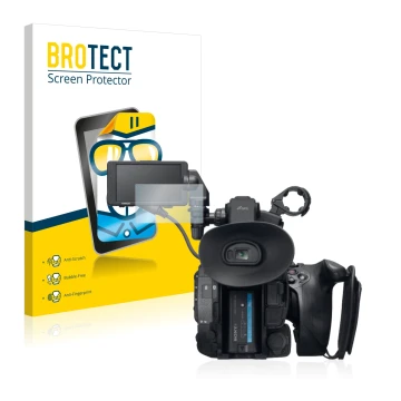 Front side of a product packaging with the brand logo BROTECT. Next to it is the device Sony PXW-FS5 shown with the correspond