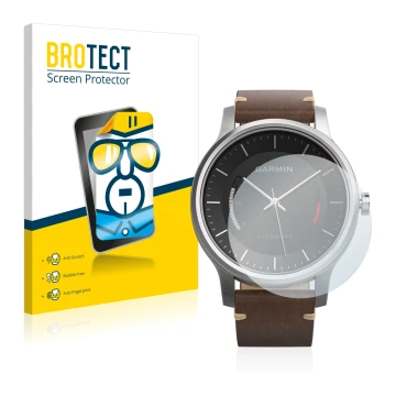 Front side of a product packaging with the brand logo BROTECT. Next to it is the device Garmin vivomove shown with the corresp