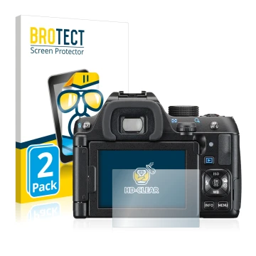 Front side of a product packaging with the brand logo BROTECT. Next to it is the device Pentax K-70 shown with the correspondi
