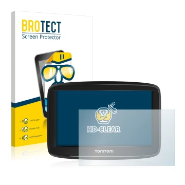 Front side of a product packaging with the brand logo BROTECT. Next to it is the device TomTom Start 52 shown with the corresp