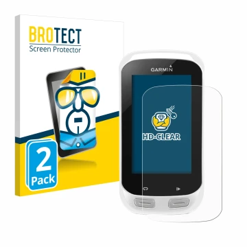 Front side of a product packaging with the brand logo BROTECT. Next to it is the device Garmin Edge Explore 1000 shown with th