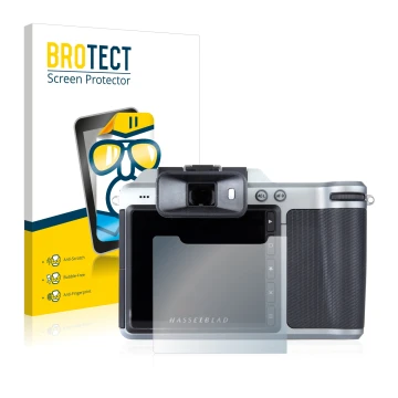 Front side of a product packaging with the brand logo BROTECT. Next to it is the device Hasselblad X1D-50c shown with the corr