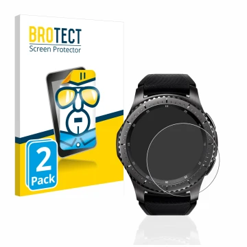 Front side of a product packaging with the brand logo BROTECT. Next to it is the device Samsung Gear S3 Frontier shown with th
