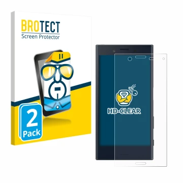 Front side of a product packaging with the brand logo BROTECT. Next to it is the device Sony Xperia X Compact shown with the c