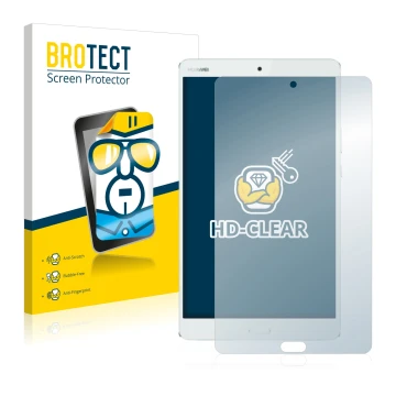 Front side of a product packaging with the brand logo BROTECT. Next to it is the device Huawei MediaPad M3 8.4 shown with the 