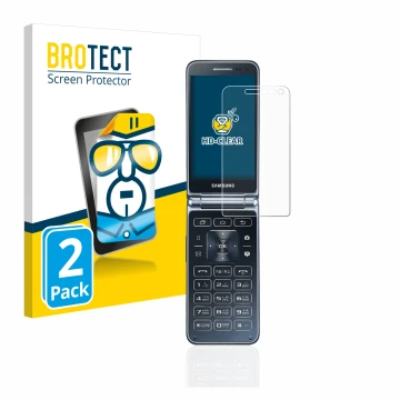 Front side of a product packaging with the brand logo BROTECT. Next to it is the device Samsung Galaxy Folder 2 shown with the