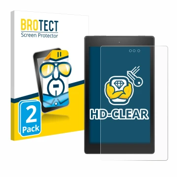 Front side of a product packaging with the brand logo BROTECT. Next to it is the device Amazon Fire HD 8 2017 shown with the c