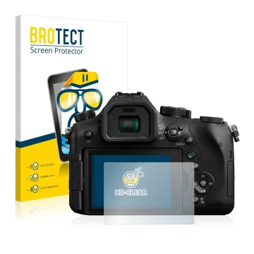 Front side of a product packaging with the brand logo BROTECT. Next to it is the device Panasonic Lumix DMC-FZ2000 shown with 